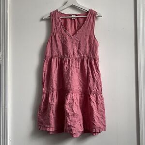Lucky Brand Small Pink Coral Sleeveless V Neck Linen tiered Sun Dress Boho Prair